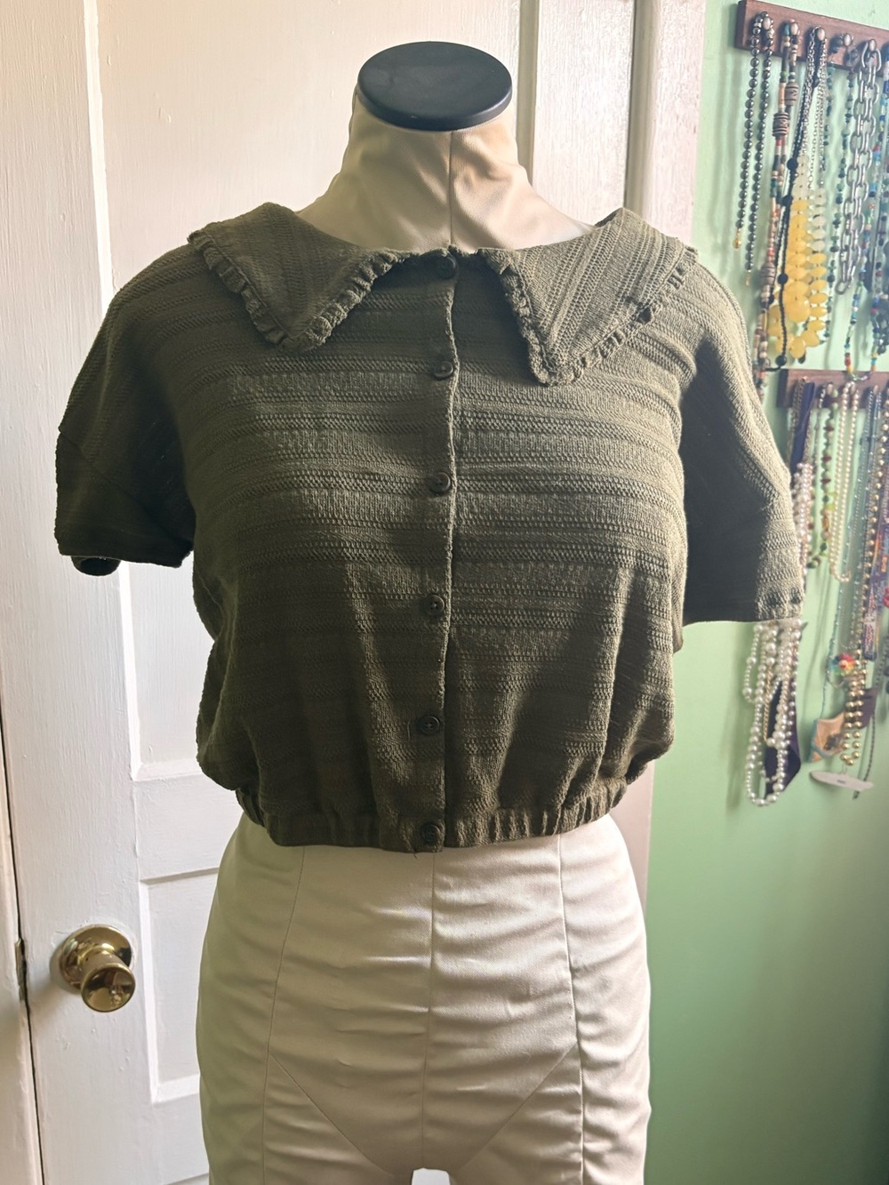 Madewell Olive Green Cropped Button-Front Knit Top